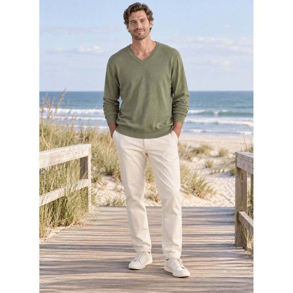 Lands' End Men's XL Tall Olive Cotton Cashmere V Neck Sweater Quiet Luxury